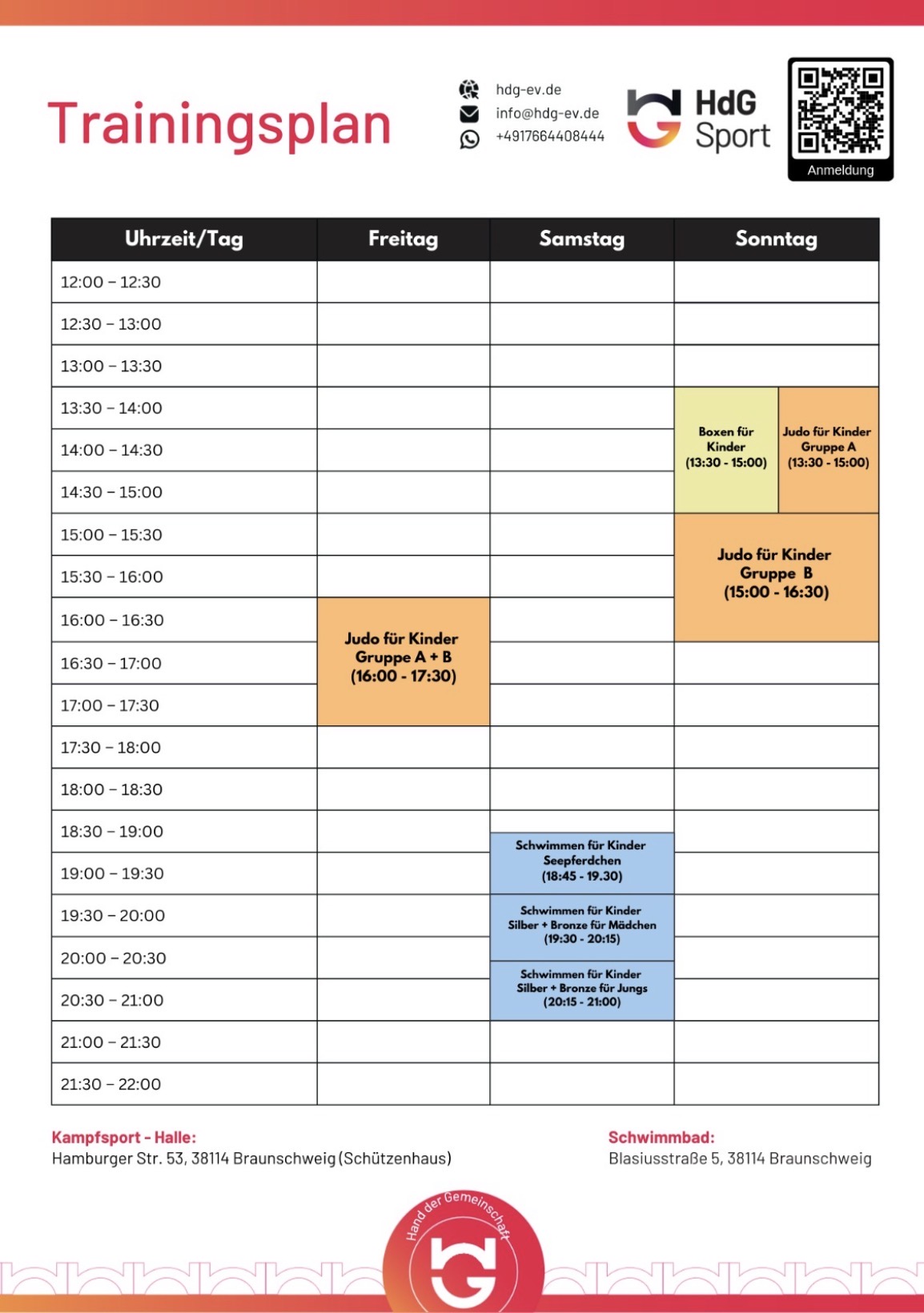 Trainingsplan der Hand der Gemeinschaft e.V. mit allen Kurszeiten